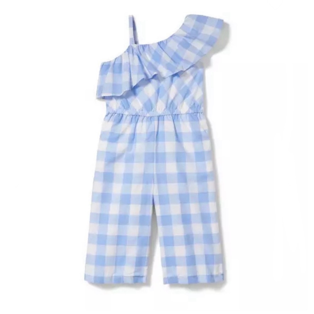 Janie and Jack Blue and White Gingham One-Shoulder Jumpsuit